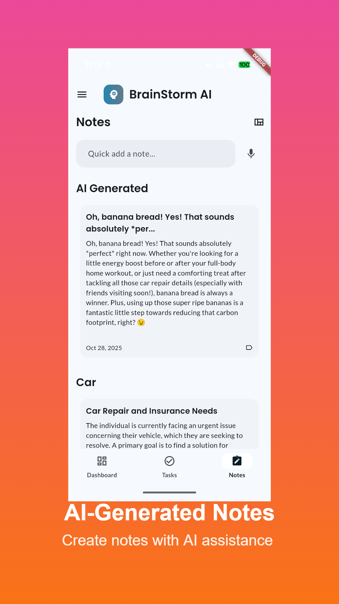 A screenshot of the BrainStorm AI dashboard, showing a calendar view with tasks and events.